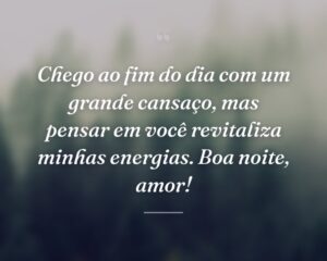 Chego ao fim do dia com um grande cansaço, mas pensar em você revitaliza minhas energias. Boa noite, amor!
