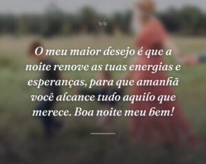 O meu maior desejo é que a noite renove as tuas energias e esperanças, para que amanhã você alcance tudo aquilo que merece. Boa noite meu bem!
