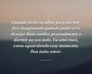 Quando fecho os olhos para dormir, fico imaginando quando poderei te desejar bons sonhos pessoalmente e dormir ao seu lado. Eu amo você, estou aguardando esse momento. Boa noite amor.