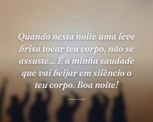 Quando nesta noite uma leve brisa tocar teu corpo, não se assuste... É a minha saudade que vai beijar em silêncio o teu corpo. Boa noite!