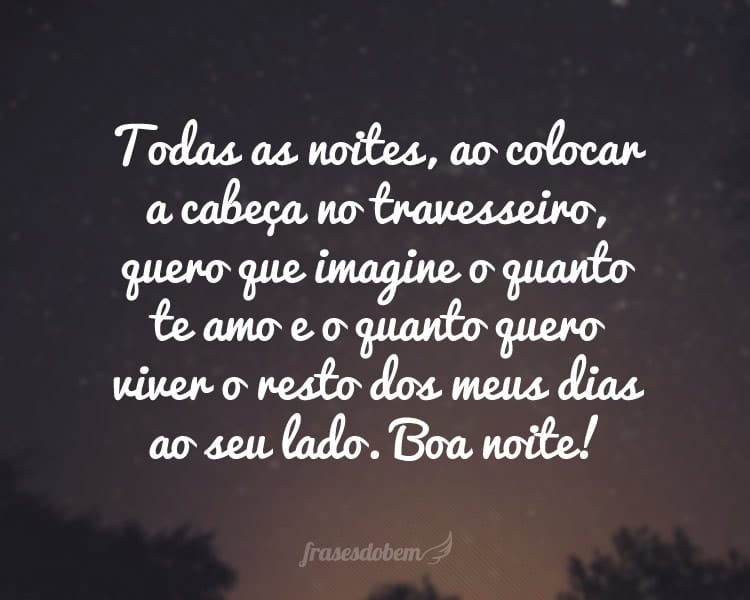 Todas as noites, ao colocar a cabeça no travesseiro, quero que imagine o quanto te amo e o quanto quero viver o resto dos meus dias ao seu lado. Boa noite!