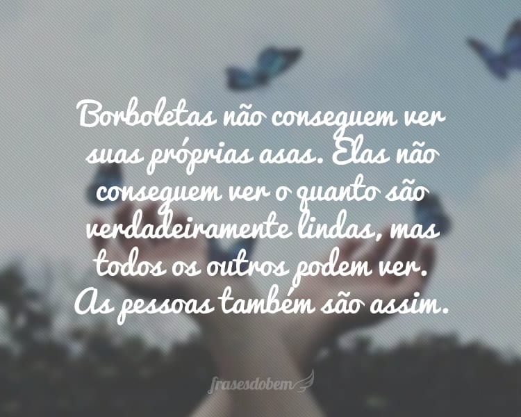 Borboletas não conseguem ver suas próprias asas. Elas não conseguem ver o quanto são verdadeiramente lindas, mas todos os outros podem ver. As pessoas também são assim.