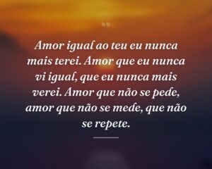Amor igual ao teu eu nunca mais terei. Amor que eu nunca vi igual, que eu nunca mais verei. Amor que não se pede, amor que não se mede, que não se repete.