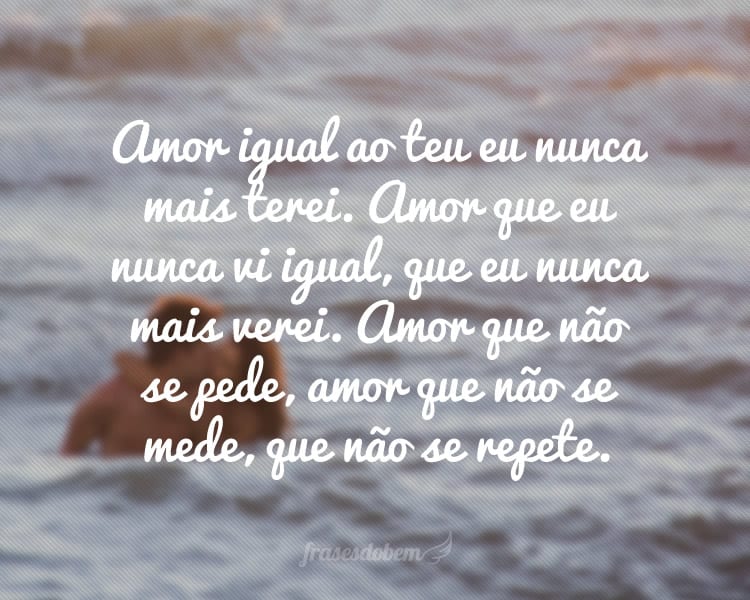 Amor igual ao teu eu nunca mais terei. Amor que eu nunca vi igual, que eu nunca mais verei. Amor que não se pede, amor que não se mede, que não se repete.