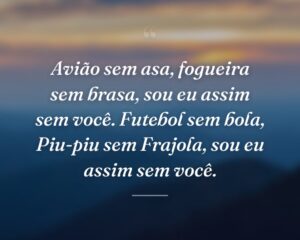 Avião sem asa, fogueira sem brasa, sou eu assim sem você. Futebol sem bola, Piu-piu sem Frajola, sou eu assim sem você.