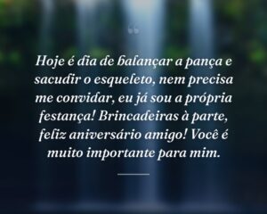 Hoje é dia de balançar a pança e sacudir o esqueleto, nem precisa me convidar, eu já sou a própria festança! Brincadeiras à parte, feliz aniversário amigo! Você é muito importante para mim.