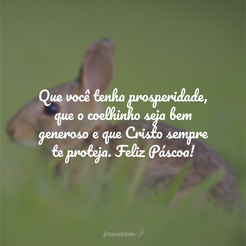 Que você tenha prosperidade, que o coelhinho seja bem generoso e que Cristo sempre te proteja. Feliz Páscoa!