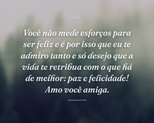 Você não mede esforços para ser feliz e é por isso que eu te admiro tanto e só desejo que a vida te retribua com o que há de melhor: paz e felicidade! Amo você amiga.