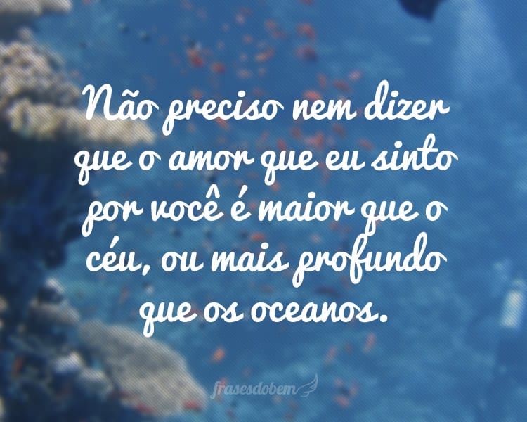 Não preciso nem dizer que o amor que eu sinto por você é maior que o céu, ou mais profundo que os oceanos.