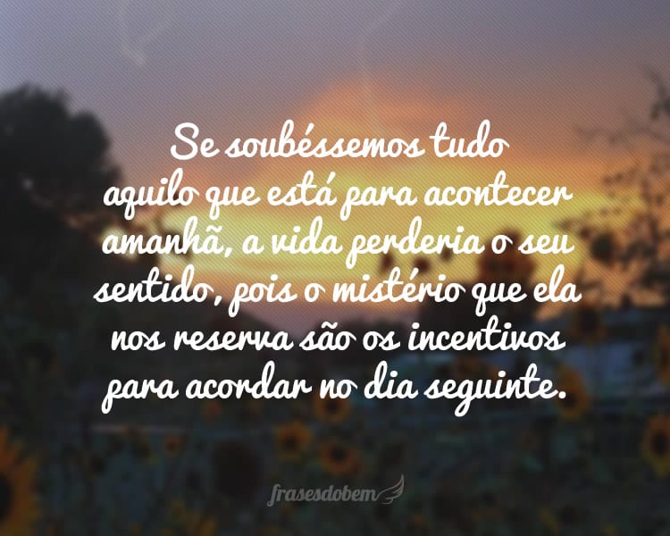 Se soubéssemos tudo aquilo que está para acontecer amanhã, a vida perderia o seu sentido, pois o mistério que ela nos reserva são os incentivos para acordar no dia seguinte.