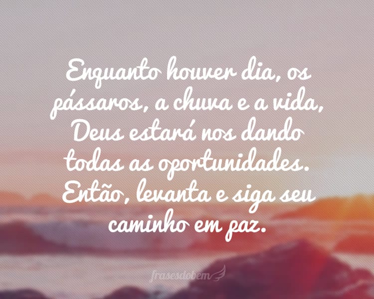 Enquanto houver dia, os pássaros, a chuva e a vida, Deus estará nos dando todas as oportunidades. Então, levanta e siga seu caminho em paz.