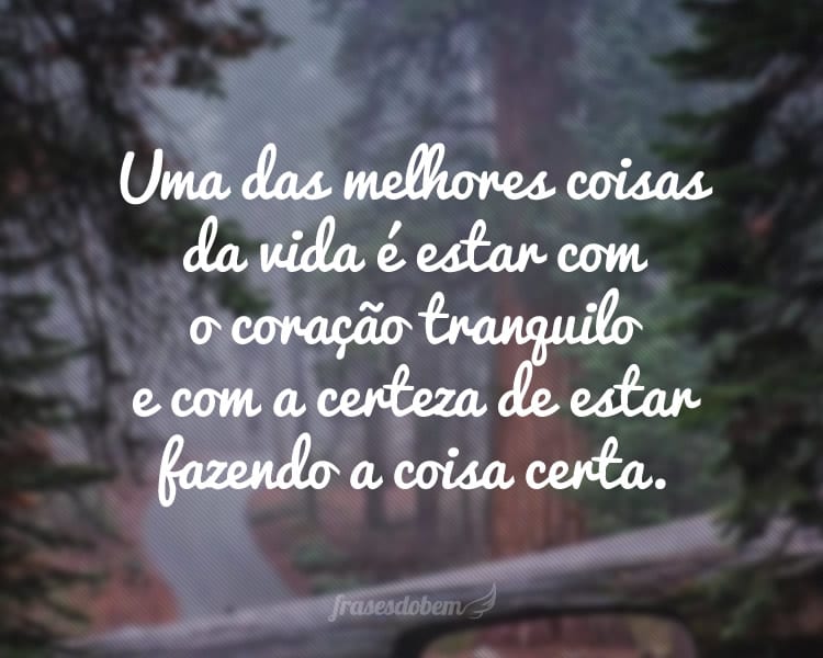 Uma das melhores coisas da vida é estar com o coração tranquilo e com a certeza de estar fazendo a coisa certa.