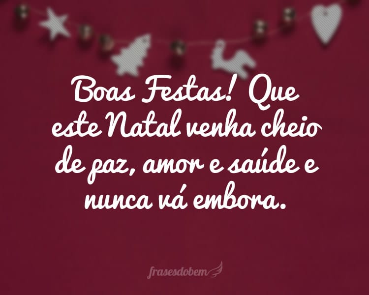 Boas Festas! Que este Natal venha cheio de paz, amor e saúde e nunca vá embora.