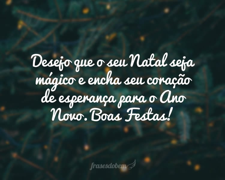 Desejo que o seu Natal seja mágico e encha seu coração de esperança para o Ano Novo. Boas Festas!