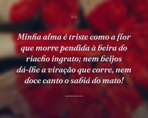 Minha alma é triste como a flor que morre pendida à beira do riacho ingrato; nem beijos dá-lhe a viração que corre, nem doce canto o sabiá do mato!