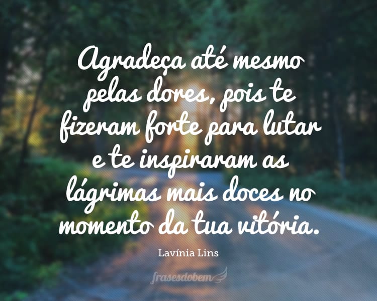 Agradeça até mesmo pelas dores, pois te fizeram forte para lutar e te inspiraram as lágrimas mais doces no momento da tua vitória.