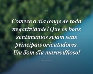 Comece o dia longe de toda negatividade! Que os bons sentimentos sejam seus principais orientadores. Um bom dia maravilhoso!