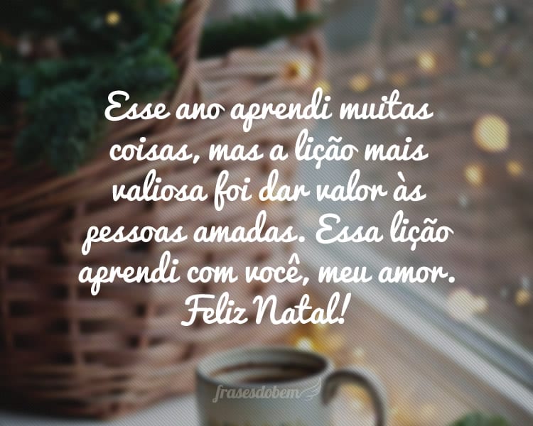 Esse ano aprendi muitas coisas, mas a lição mais valiosa foi dar valor às pessoas amadas. Essa lição aprendi com você, meu amor. Feliz Natal!