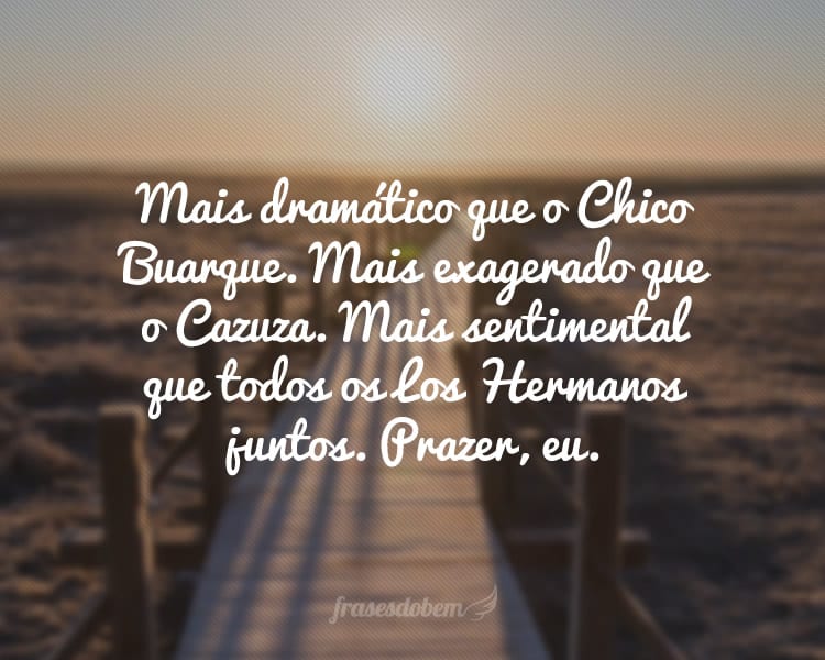 Mais dramático que o Chico Buarque. Mais exagerado que o Cazuza. Mais sentimental que todos os Los Hermanos juntos. Prazer, eu.