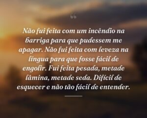 Não fui feita com um incêndio na barriga para que pudessem me apagar. Não fui feita com leveza na língua para que fosse fácil de engolir. Fui feita pesada, metade lâmina, metade seda. Difícil de esquecer e não tão fácil de entender.