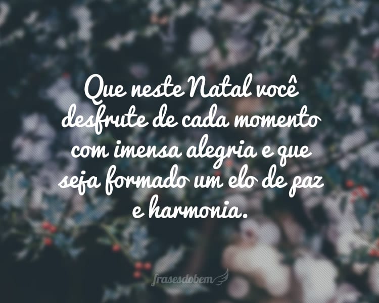 Que neste Natal você desfrute de cada momento com imensa alegria e que seja formado um elo de paz e harmonia.