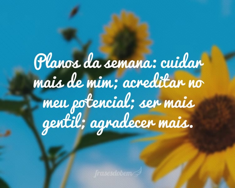 Planos da semana: cuidar mais de mim; acreditar no meu potencial; ser mais gentil; agradecer mais.