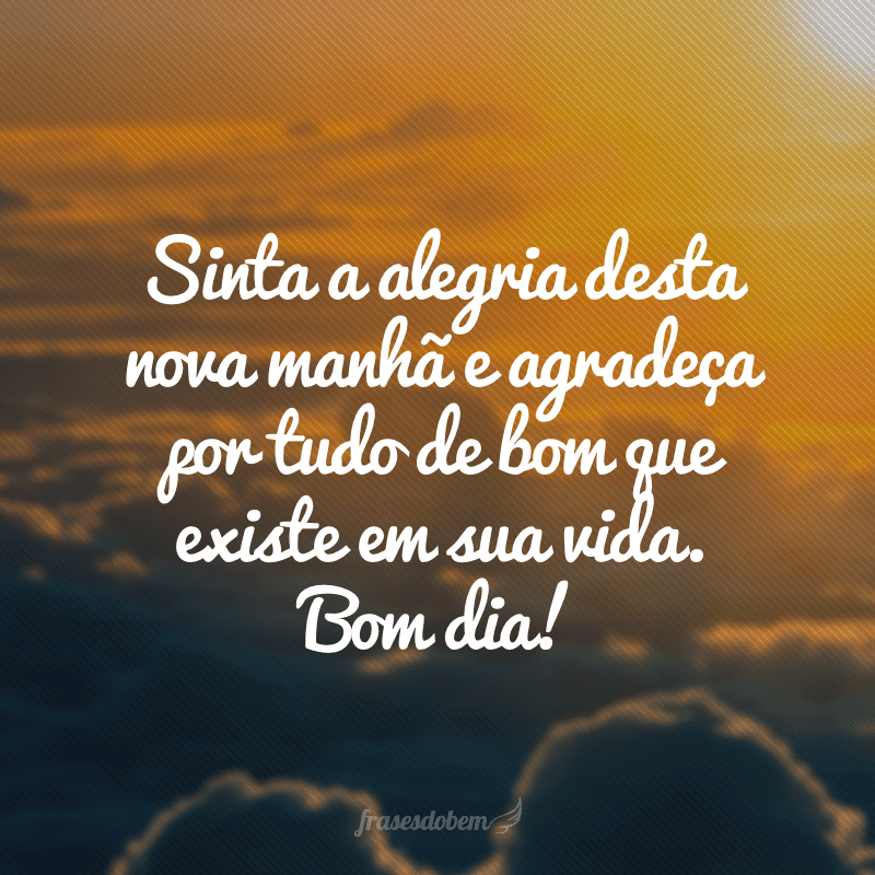 Sinta a alegria desta nova manhÃ£ e agradeÃ§a por tudo de bom que existe em sua vida. Bom dia!