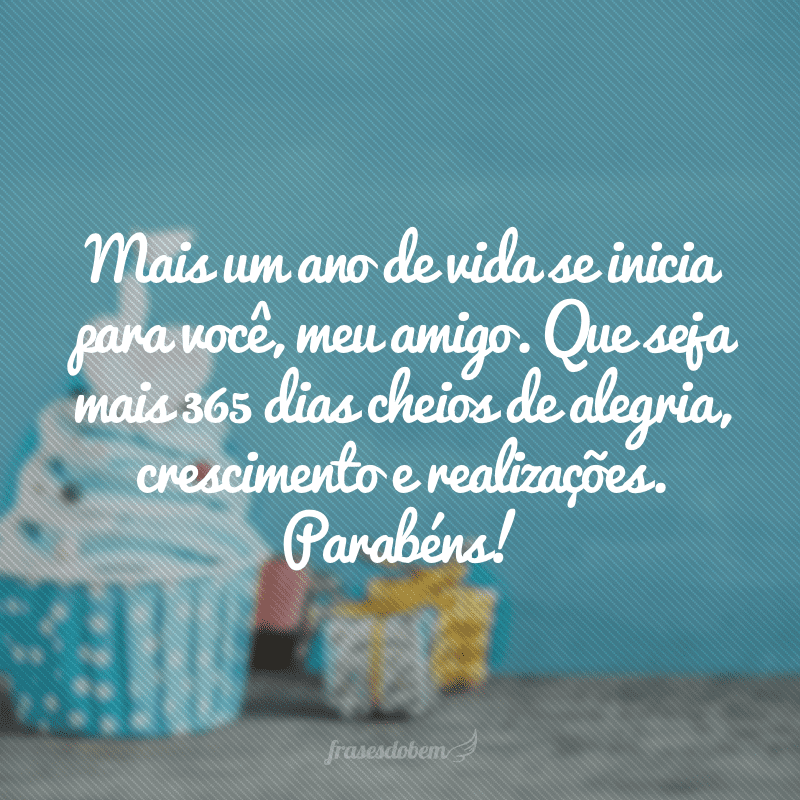 Mais um ano de vida se inicia para você, meu amigo. Que seja mais 365 dias cheios de alegria, crescimento e realizações. Parabéns!