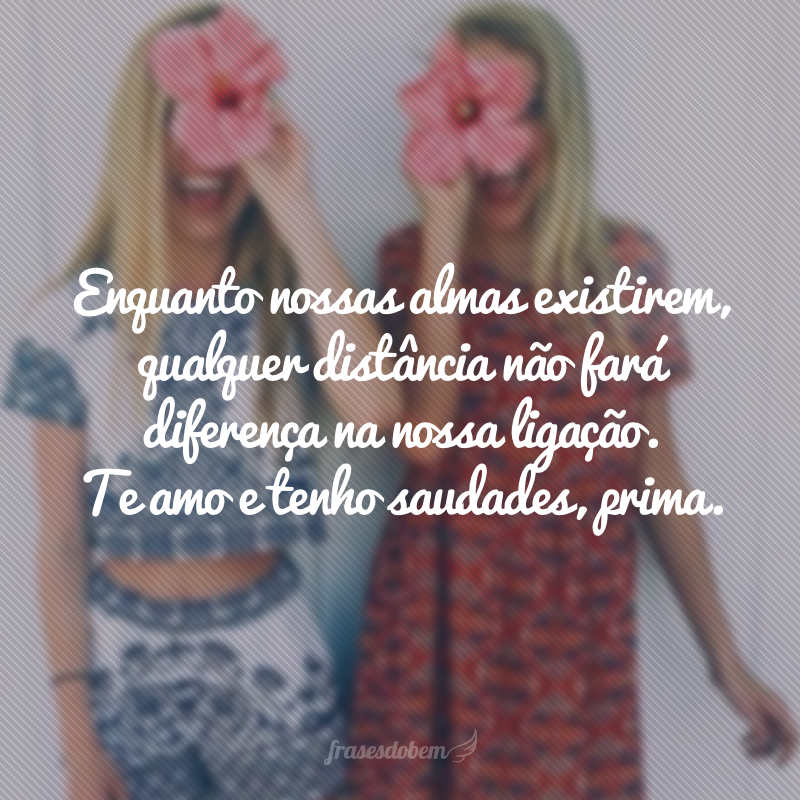 Enquanto nossas almas existirem, qualquer distância não fará diferença na nossa ligação. Te amo e tenho saudades, prima.
