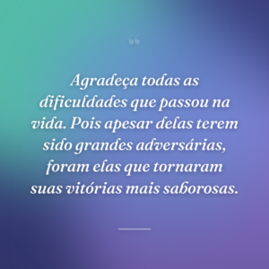 Agradeça todas as dificuldades que passou na vida. Pois apesar delas terem sido grandes adversárias, foram elas que tornaram suas vitórias mais saborosas.