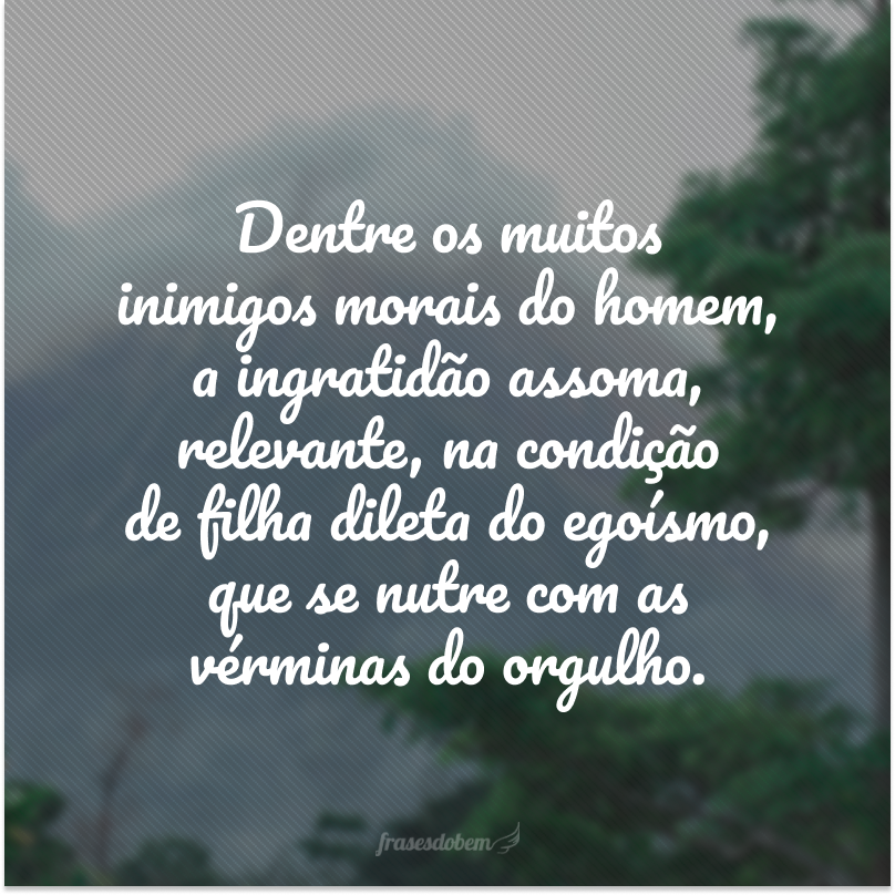 Dentre os muitos inimigos morais do homem, a ingratidão assoma, relevante, na condição de filha dileta do egoísmo, que se nutre com as vérminas do orgulho.