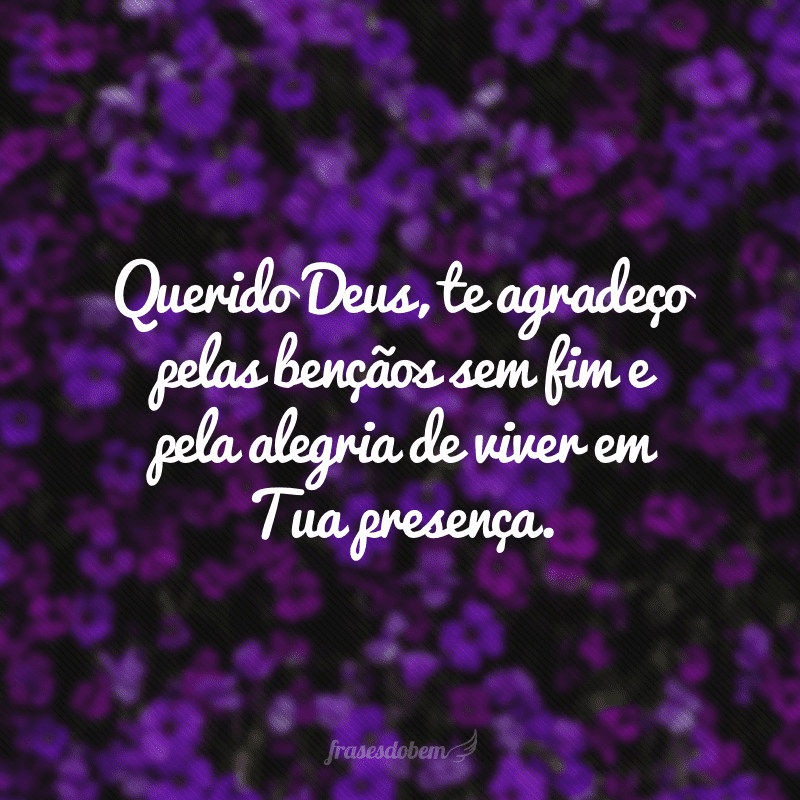 Querido Deus, te agradeço pelas bençãos sem fim e pela alegria de viver em Tua presença. 