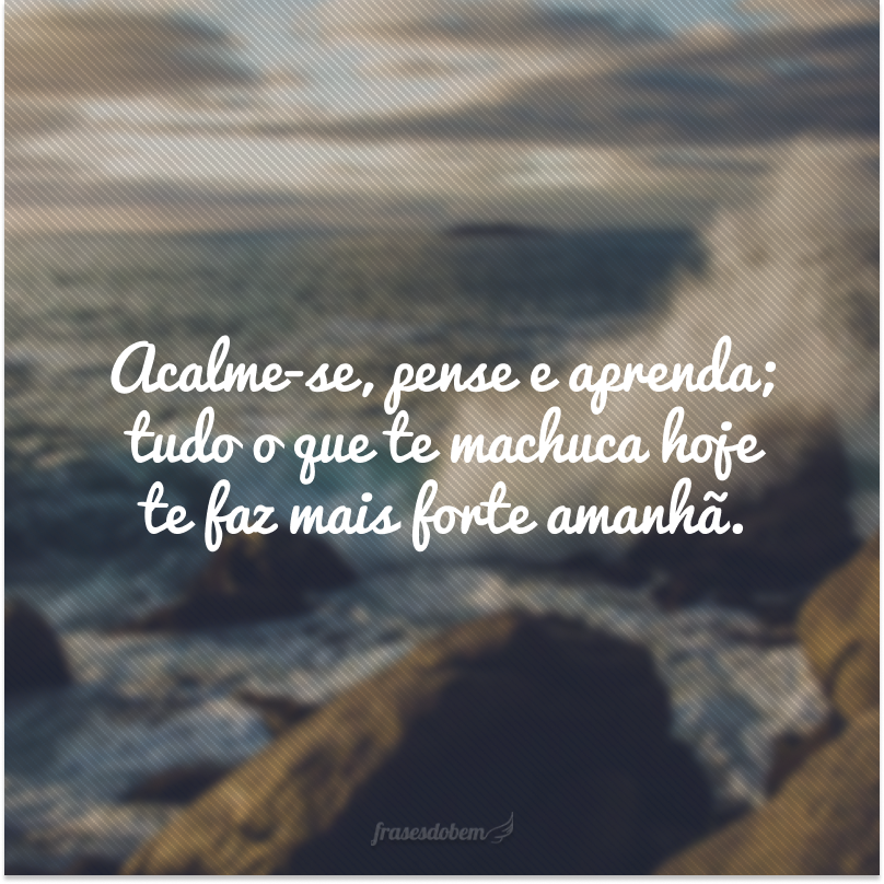 Acalme-se, pense e aprenda; tudo o que te machuca hoje te faz mais forte amanhã.