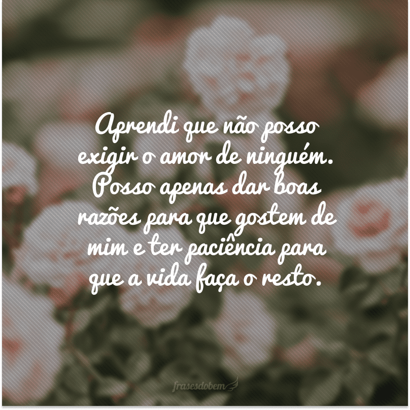 Aprendi que não posso exigir o amor de ninguém. Posso apenas dar boas razões para que gostem de mim e ter paciência para que a vida faça o resto.