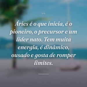 Áries é o que inicia, é o pioneiro, o precursor e um líder nato. Tem muita energia, é dinâmico, ousado e gosta de romper limites.