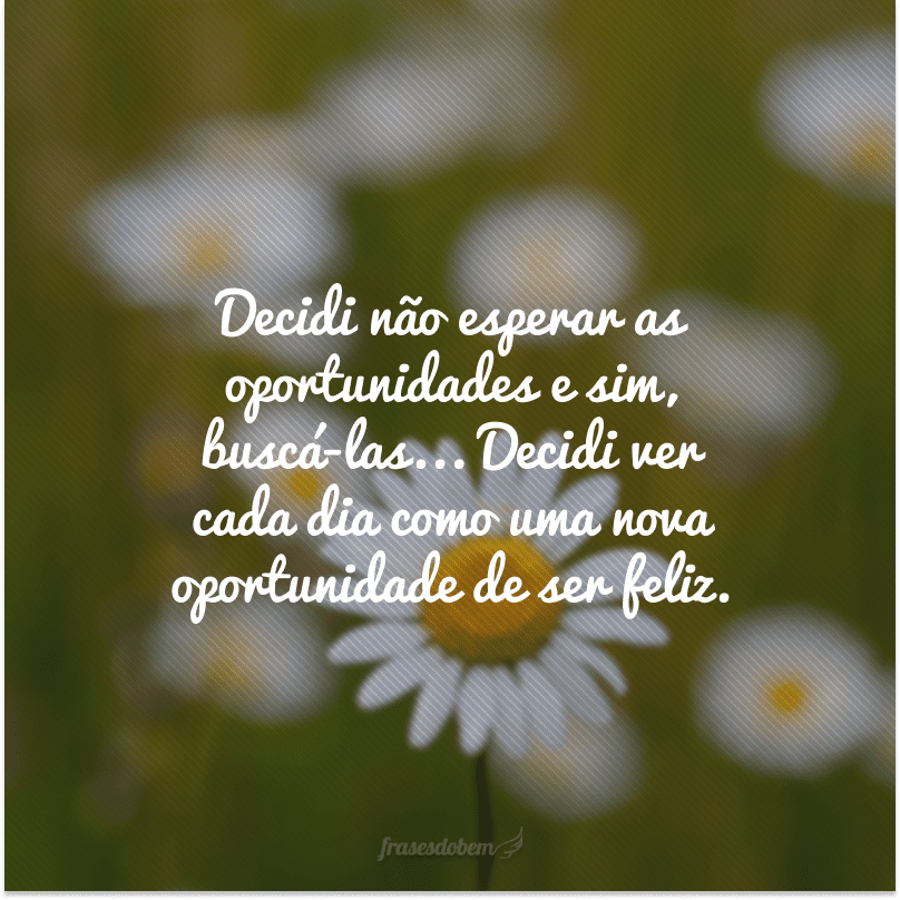 Decidi não esperar as oportunidades e sim, buscá-las... Decidi ver cada dia como uma nova oportunidade de ser feliz.