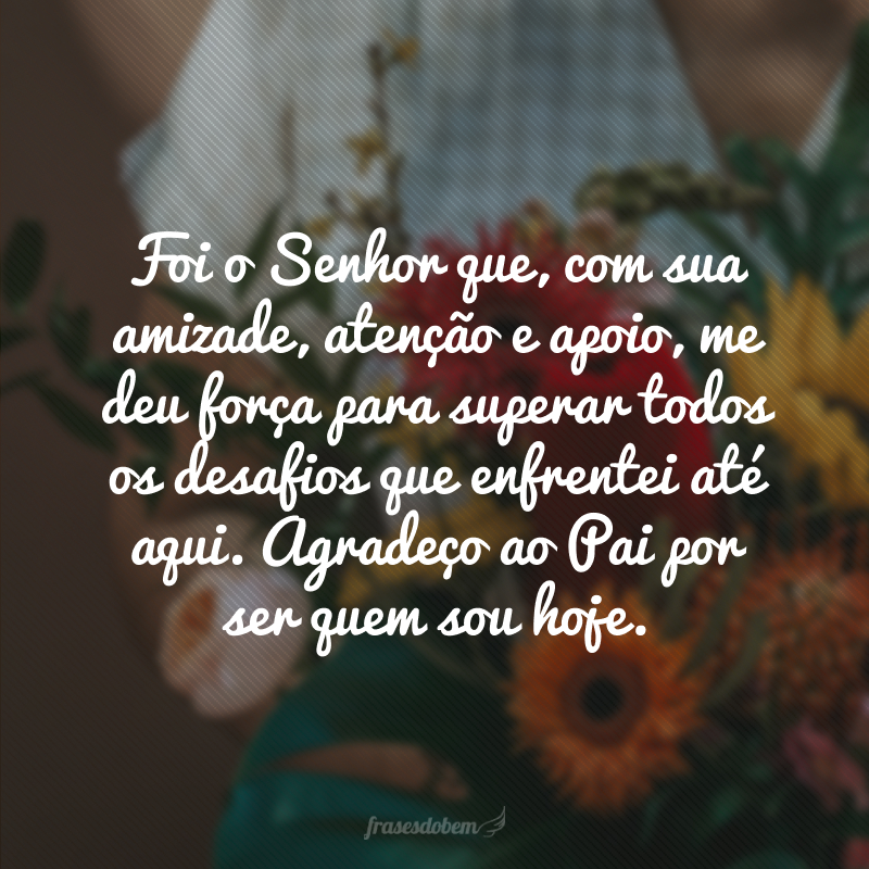 Foi o Senhor que, com sua amizade, atenção e apoio, me deu força para superar todos os desafios que enfrentei até aqui. Agradeço ao Pai por ser quem sou hoje.