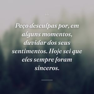 Peço desculpas por, em alguns momentos, duvidar dos seus sentimentos. Hoje sei que eles sempre foram sinceros.