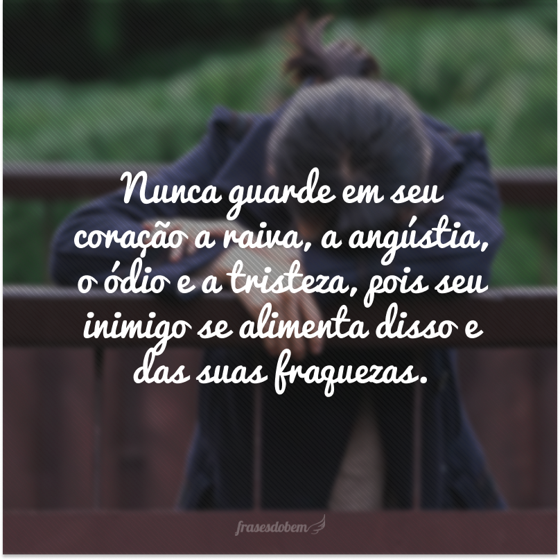 Nunca guarde em seu coração a raiva, a angústia, o ódio e a tristeza, pois seu inimigo se alimenta disso e das suas fraquezas.