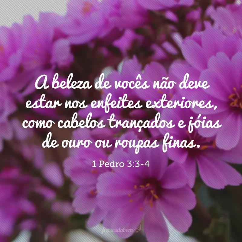 A beleza de vocês não deve estar nos enfeites exteriores, como cabelos trançados e jóias de ouro ou roupas finas. Pelo contrário, esteja no ser interior, que não perece, beleza demonstrada num espírito dócil e tranquilo, o que é de grande valor para Deus.