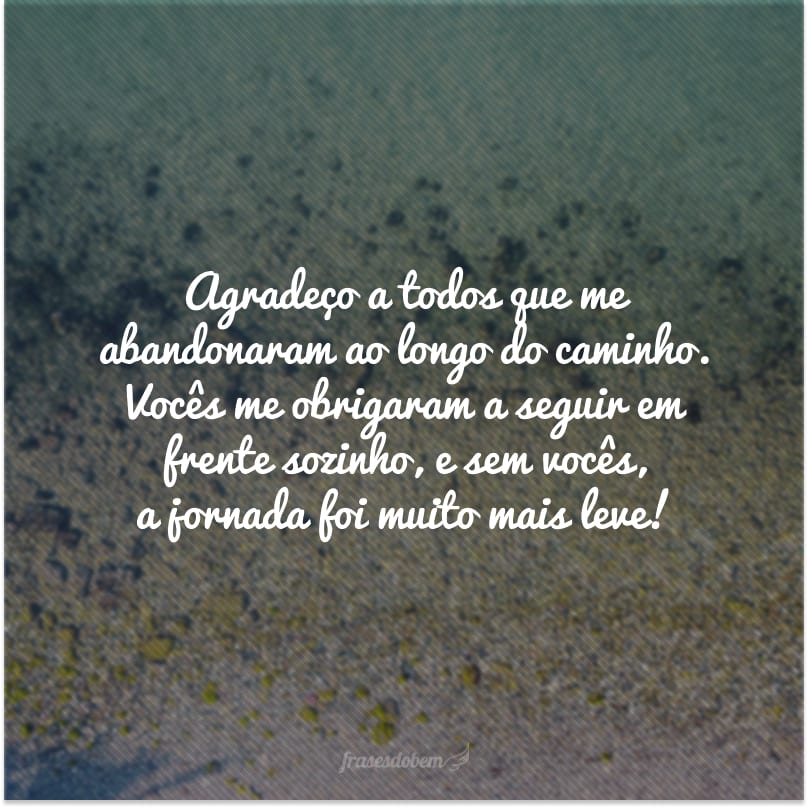 Agradeço a todos que me abandonaram ao longo do caminho. Vocês me obrigaram a seguir em frente sozinho, e sem vocês, a jornada foi muito mais leve!