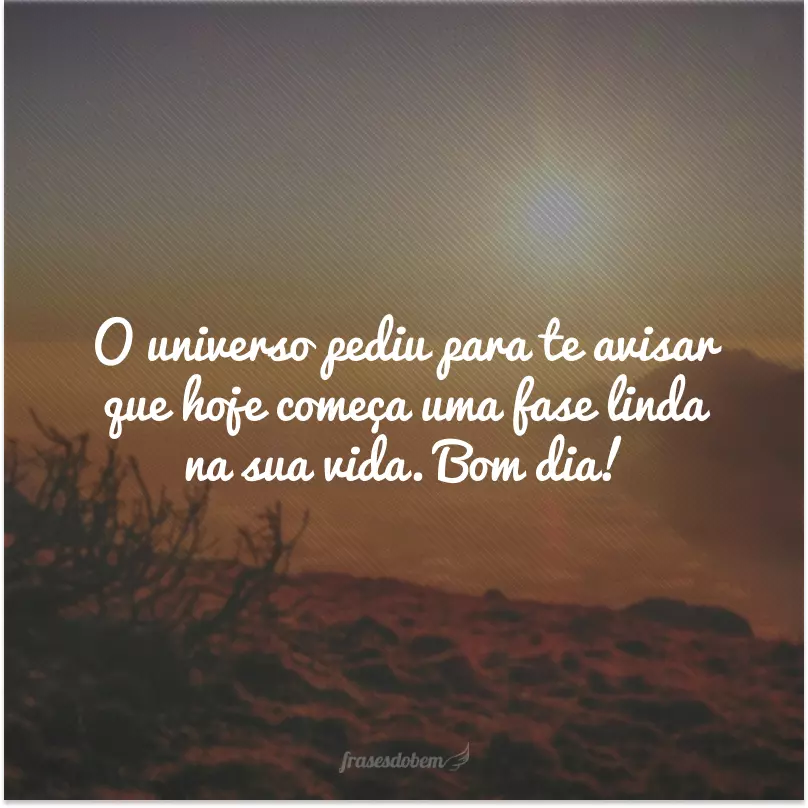 O universo pediu para te avisar que hoje começa uma fase linda na sua vida. Bom dia!