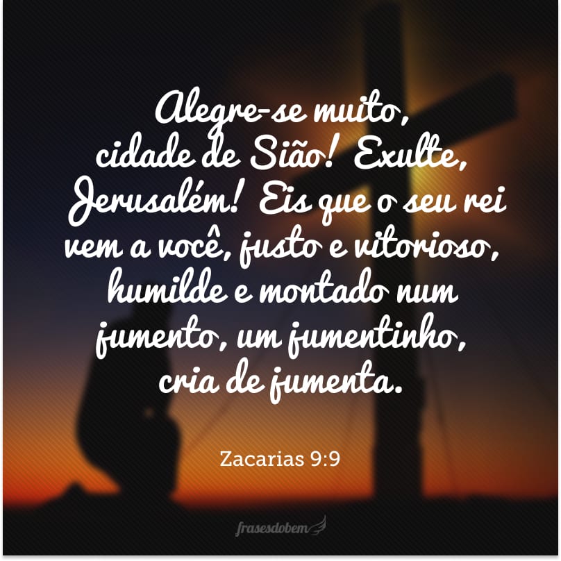 Alegre-se muito, cidade de Sião! Exulte, Jerusalém! Eis que o seu rei vem a você, justo e vitorioso, humilde e montado num jumento, um jumentinho, cria de jumenta.