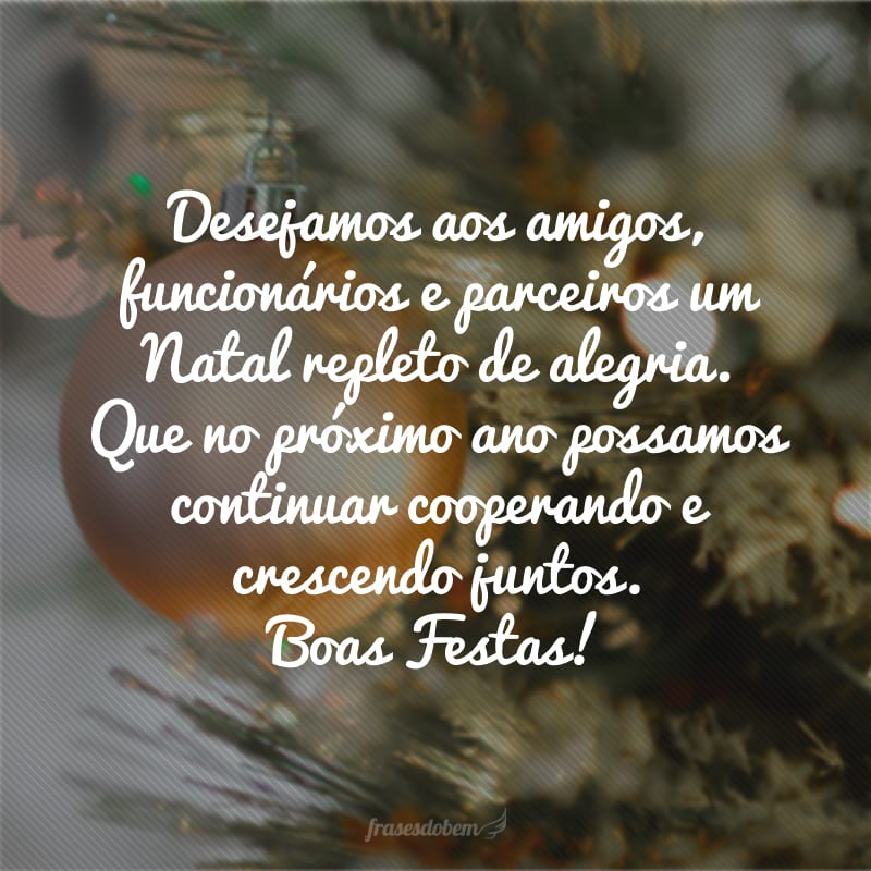 Desejamos aos amigos, funcionários e parceiros um Natal repleto de alegria. Que no próximo ano possamos continuar cooperando e crescendo juntos. Boas Festas!