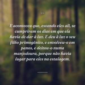 E aconteceu que, estando eles ali, se cumpriram os dias em que ela havia de dar à luz. E deu à luz o seu filho primogênito, e envolveu-o em panos, e deitou-o numa manjedoura, porque não havia lugar para eles na estalagem.