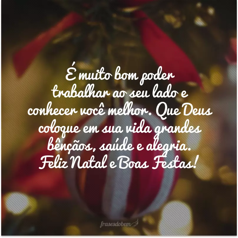 É muito bom poder trabalhar ao seu lado e conhecer você melhor. Que Deus coloque em sua vida grandes bênçãos, saúde e alegria. Feliz Natal e Boas Festas!