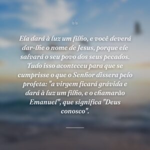 Ela dará à luz um filho, e você deverá dar-lhe o nome de Jesus, porque ele salvará o seu povo dos seus pecados. Tudo isso aconteceu para que se cumprisse o que o Senhor dissera pelo profeta: "a virgem ficará grávida e dará à luz um filho, e o chamarão Emanuel", que significa "Deus conosco".