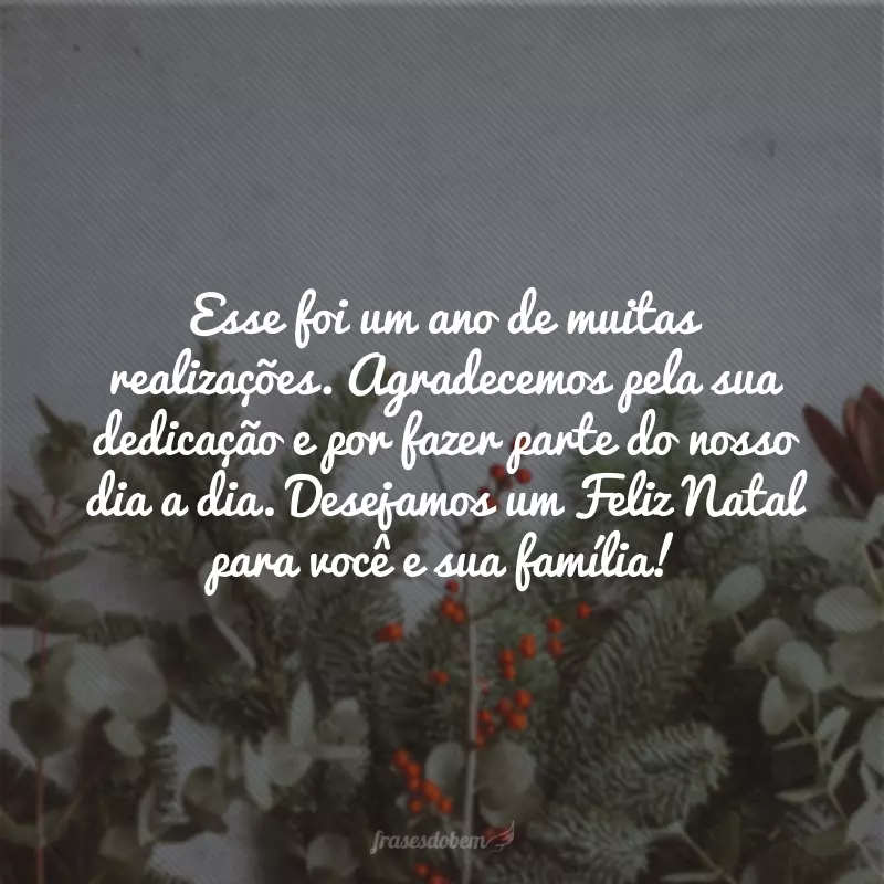 Esse foi um ano de muitas realizações. Agradecemos pela sua dedicação e por fazer parte do nosso dia a dia. Desejamos um Feliz Natal para você e sua família!