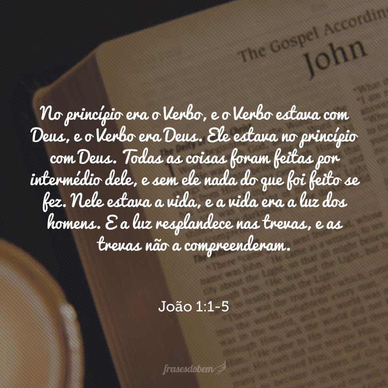 No princípio era o Verbo, e o Verbo estava com Deus, e o Verbo era Deus. Ele estava no princípio com Deus. Todas as coisas foram feitas por intermédio dele, e sem ele nada do que foi feito se fez. Nele estava a vida, e a vida era a luz dos homens. E a luz resplandece nas trevas, e as trevas não a compreenderam.