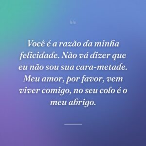Você é a razão da minha felicidade. Não vá dizer que eu não sou sua cara-metade. Meu amor, por favor, vem viver comigo, no seu colo é o meu abrigo.